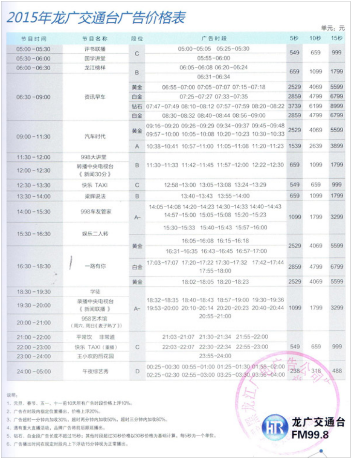 2015黑龙江人民广播电台交通广播 FM99.8广告报价表.png