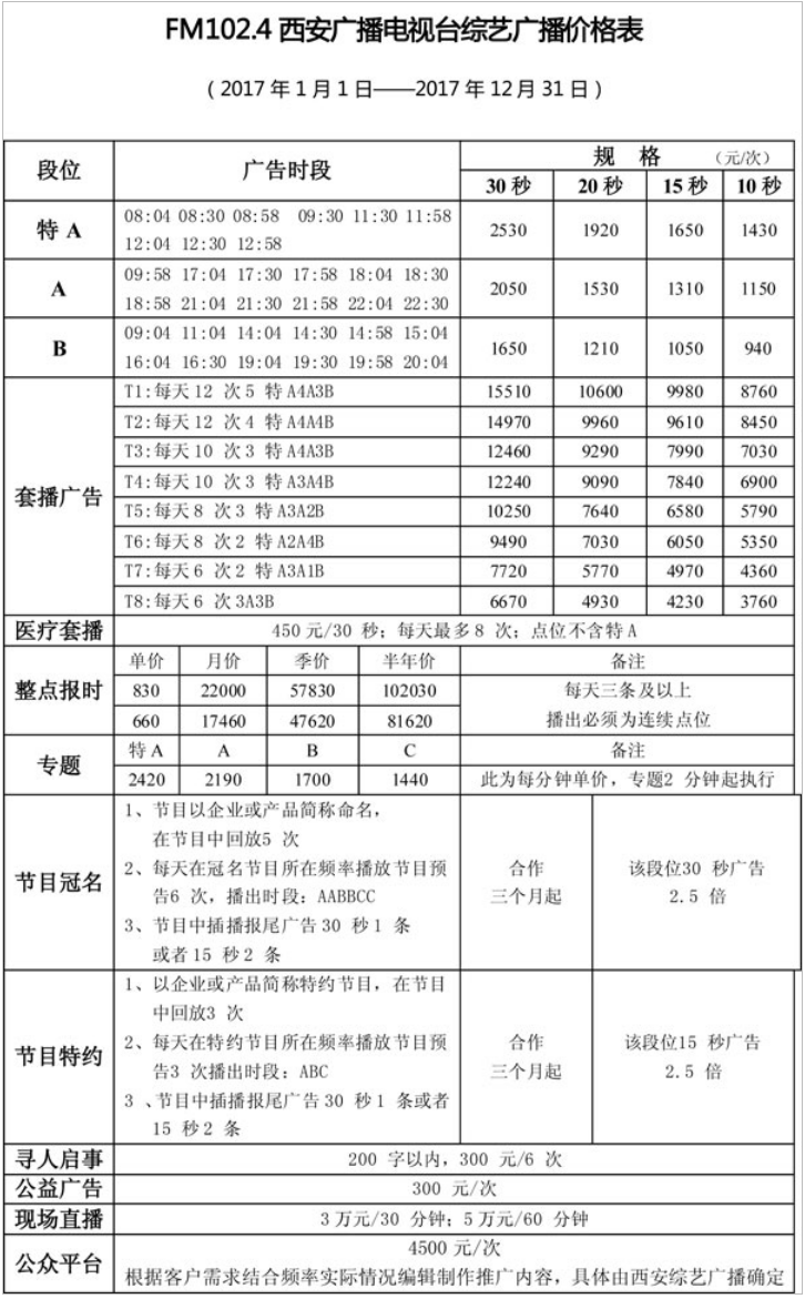 2017西安人民广播电台综艺广播 FM102.4广告报价表.png