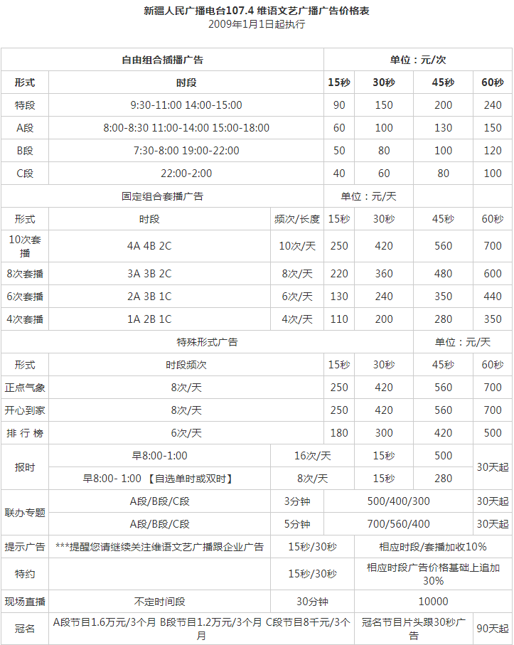 2009新疆人民广播电台维吾尔语文艺广播 FM107.4广告报价表.png